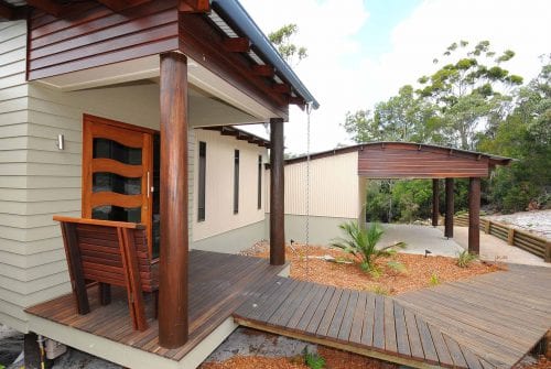 Wooden rustic outdoor entrance way - Custom-built home Fraser Island